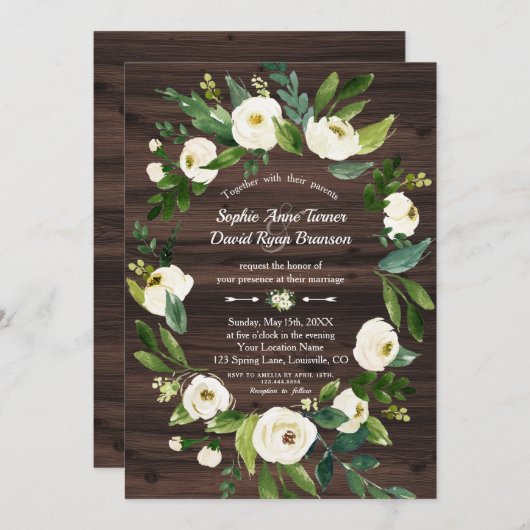 Waterverf Witte Bloemenkrans Houten Bruiloft Kaart (Voorkant / Achterkant)