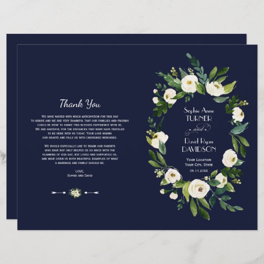 Waterverf Witte Bloemige Donkerblauwe Trouwprogram (Voorkant / Achterkant)
