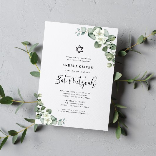 Waterverf Witte Bloemige Eucalyptus Bat Mitzvah Kaart
