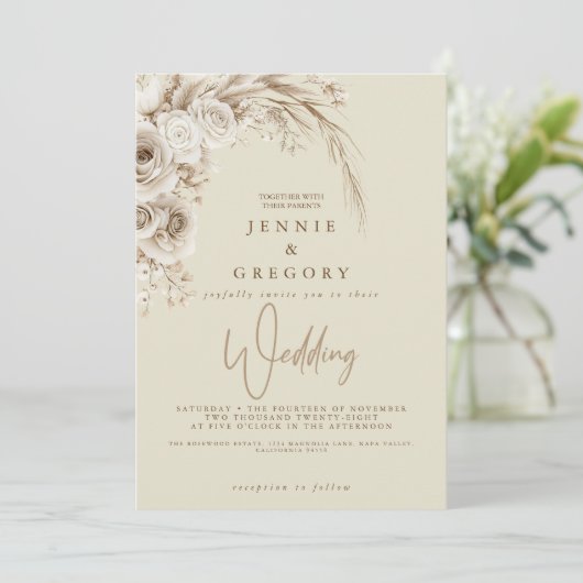 Waterverf Witte Boho Huwelijk Bloemuitnodiging Kaart (Staand voorkant)