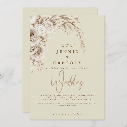 Waterverf Witte Boho Huwelijk Bloemuitnodiging Kaart (Voorkant / Achterkant)