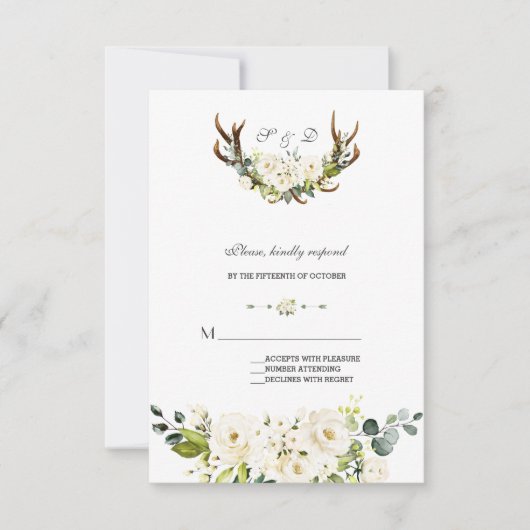 Waterverf Witte Crème Bloemen Geweien Bruiloft  RSVP Kaartje (Voorkant)