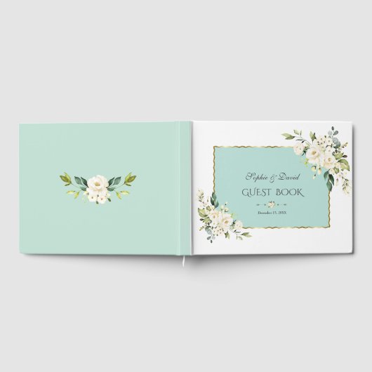 Waterverf Witte Crème Bloemen Groene Frame Bruilof Gastenboek (Volledig)