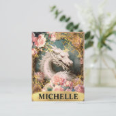 Waterverf  Witte Draak en Roze Rozen Briefkaart (Staand voorkant)