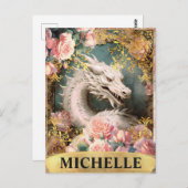 Waterverf  Witte Draak en Roze Rozen Briefkaart (Voorkant / Achterkant)