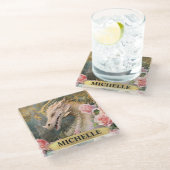 Waterverf  Witte Draak en Roze Rozen Glazen Onderzetter (Schuin)