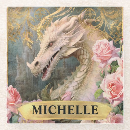 Waterverf  Witte Draak en Roze Rozen Glazen Onderzetter (Voorkant)