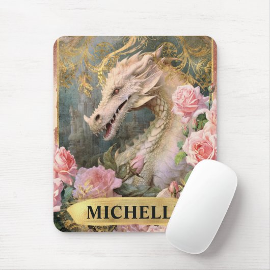 Waterverf  Witte Draak en Roze Rozen Muismat (Met muis)