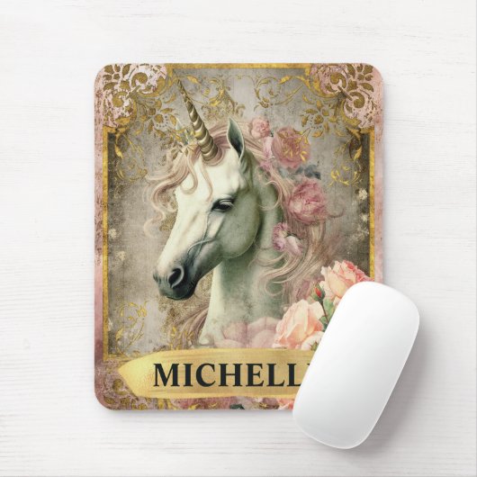 Waterverf Witte Eenhoorn en Roze Rozen Muismat (Met muis)