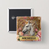 Waterverf Witte Eenhoorn en Roze Rozen Vierkante Button 5,1 Cm (Voorkant /achterkant)