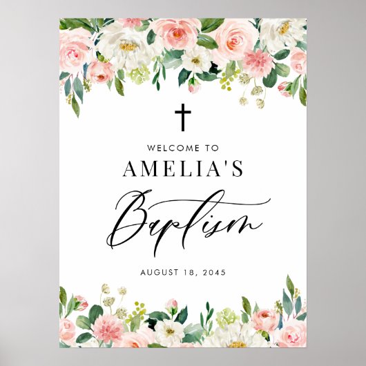 Waterverf Witte en Blush Bloemen Garland Doop Poster (Voorkant)