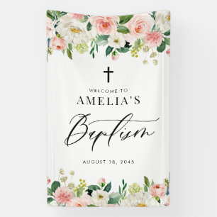 Waterverf Witte en Blush Bloemen Garland Doop Spandoek