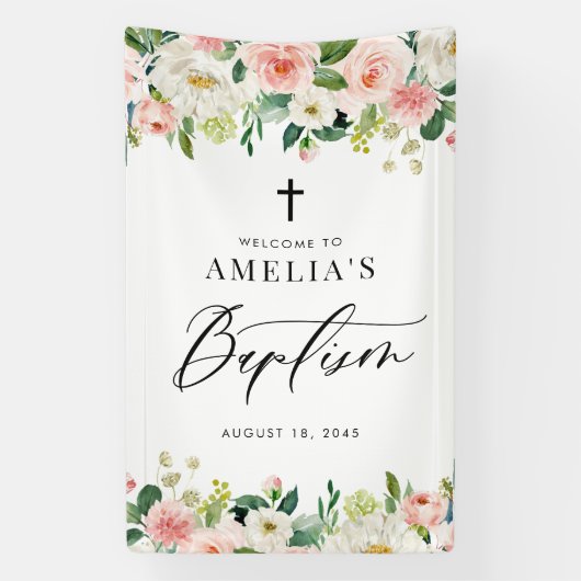 Waterverf Witte en Blush Bloemen Garland Doop Spandoek (Verticaal)