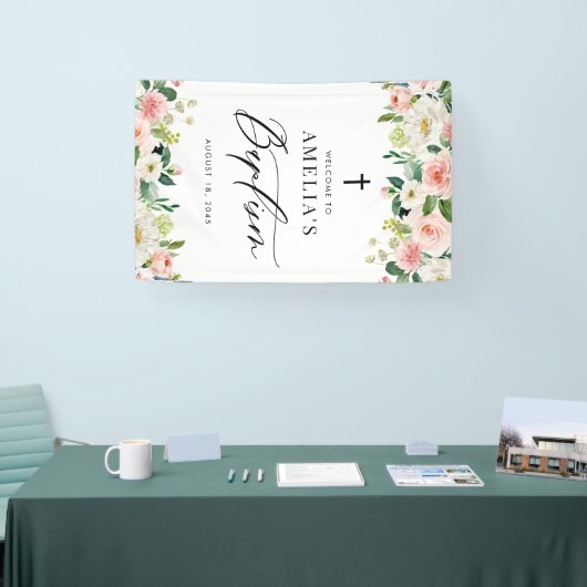 Waterverf Witte en Blush Bloemen Garland Doop Spandoek (Beurs)