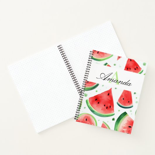 Waterverf Witte en Groene Watermeloen Monogramed Notitieboek (Binnen)