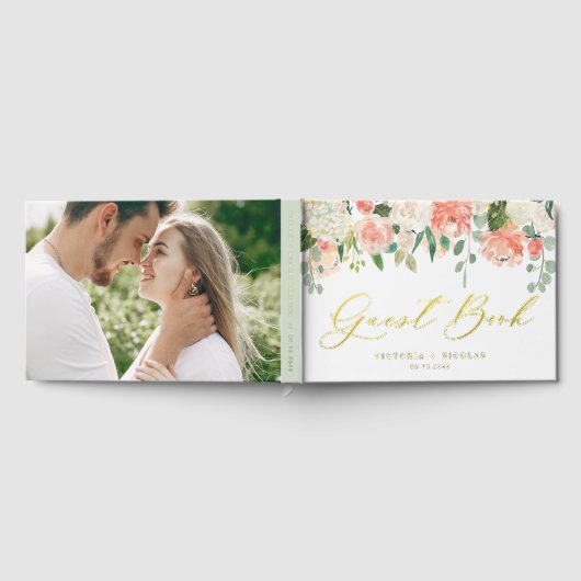 Waterverf Witte en Perzik Bloemen Fotobruiloft Gastenboek (Volledig)
