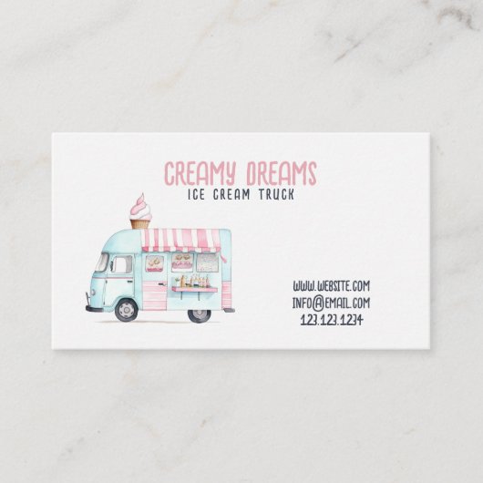 Waterverf Witte en Roze Leuke Ice Cream Truck Visitekaartje (Voorkant)
