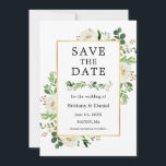 Waterverf Witte Floral sparen de Kaart van de Datu<br><div class="desc">Moderne Waterverf Eucalyptus Greenery White Floral Gold Lijst Save the Date Verloving Announding Kaart</div>