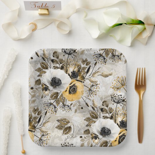 Waterverf witte, gele bloemen papieren bordje (Huwelijk)