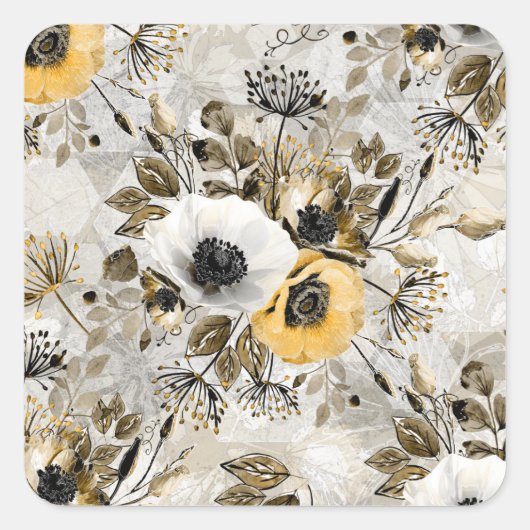 Waterverf witte, gele bloemen vierkante sticker (Voorkant)