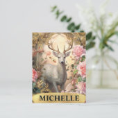 Waterverf witte herten en roze rozen briefkaart (Staand voorkant)