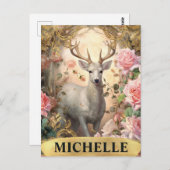 Waterverf witte herten en roze rozen briefkaart (Voorkant / Achterkant)