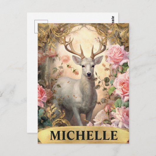 Waterverf  witte herten en roze rozen briefkaart (Voorkant / Achterkant)
