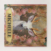 Waterverf  witte herten en roze rozen legpuzzel (Horizontaal)