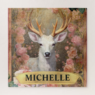 Waterverf  witte herten en roze rozen legpuzzel