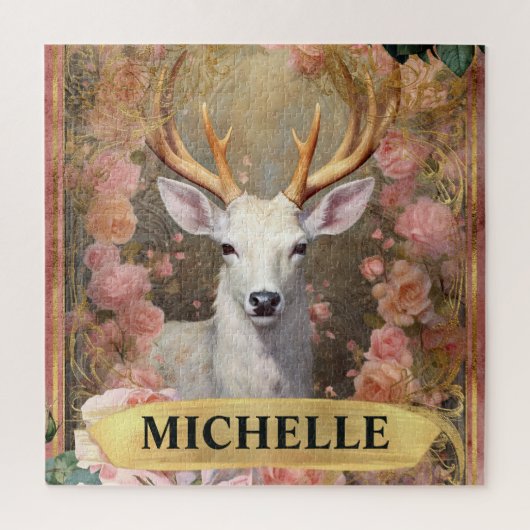 Waterverf  witte herten en roze rozen legpuzzel (Verticaal)