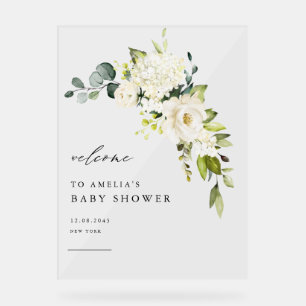 Waterverf Witte Hortensia en Roos Baby shower Acryl Bord