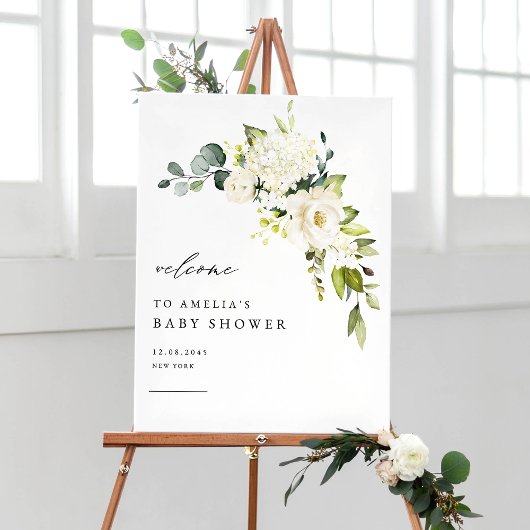 Waterverf Witte Hortensia en Roos Baby shower Poster