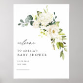 Waterverf Witte Hortensia en Roos Baby shower Poster (Voorkant)