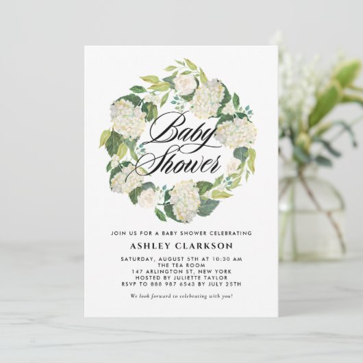 Waterverf Witte Hortensia Krans Baby shower Kaart (Staand voorkant)