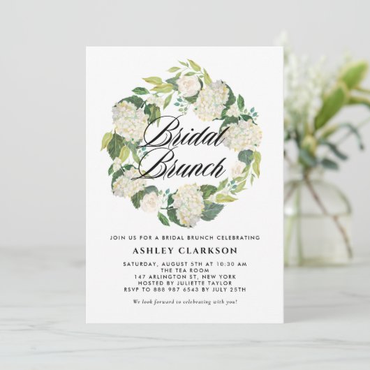 Waterverf Witte Hortensia Krans Bruids Brunch Kaart (Staand voorkant)