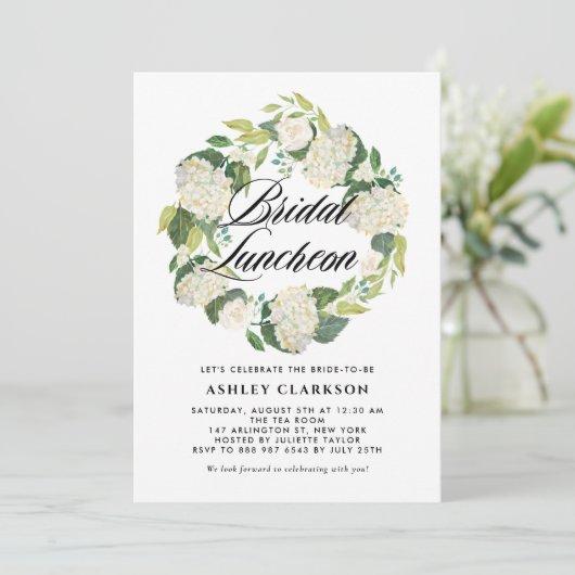 Waterverf Witte Hortensia Krans Bruids Luncheon Kaart (Staand voorkant)