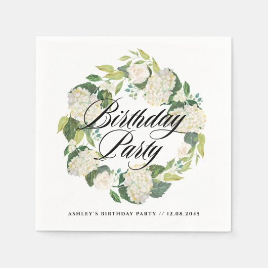 Waterverf Witte Hortensia Krans Verjaardagsfeest Servet (Voorkant)