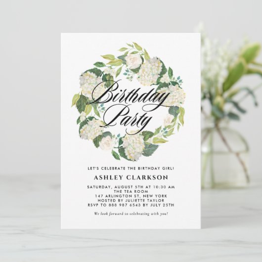 Waterverf Witte Hortensia Krans Verjaardagsfeestje Kaart (Staand voorkant)