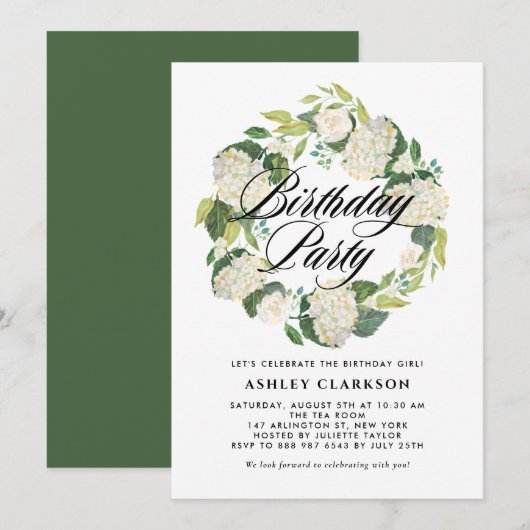 Waterverf Witte Hortensia Krans Verjaardagsfeestje Kaart (Voorkant / Achterkant)