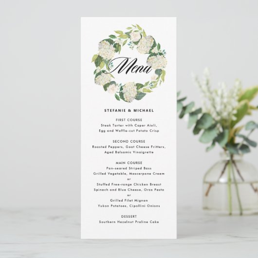 Waterverf Witte Hydrangea Bloemen Krans Trouwen Menu (Staand voorkant)