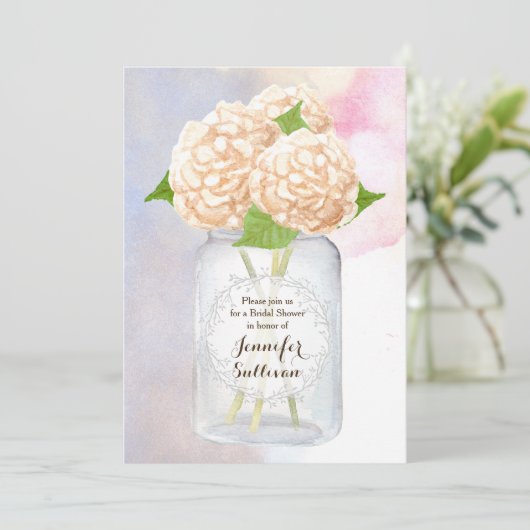 Waterverf Witte Hydrangea Mason Jar Vrijgezellenfe Kaart (Staand voorkant)