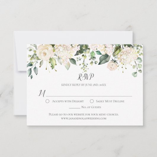 Waterverf Witte Hydrangeas en Rozen Groen RSVP (Voorkant)