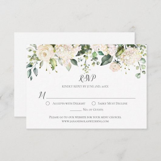 Waterverf Witte Hydrangeas en Rozen Groen RSVP (Voorkant / Achterkant)