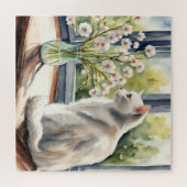 Waterverf Witte Kat en Daisies Legpuzzel (Horizontaal)