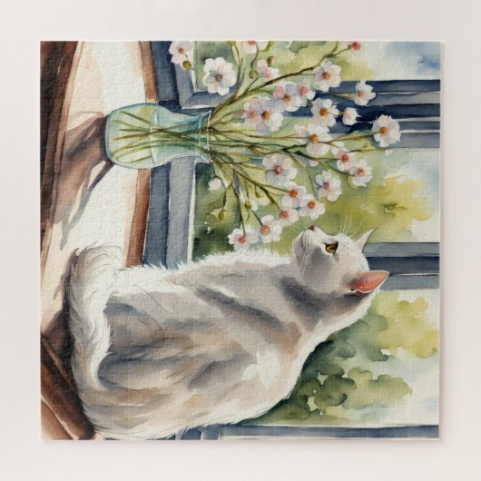 Waterverf Witte Kat en Daisies Legpuzzel (Horizontaal)