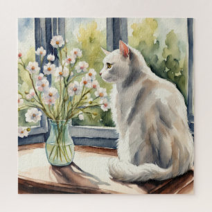 Waterverf Witte Kat en Daisies Legpuzzel
