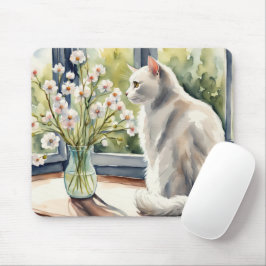 Waterverf Witte Kat en Daisies Muismat