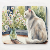 Waterverf Witte Kat en Daisies Muismat (Voorkant)
