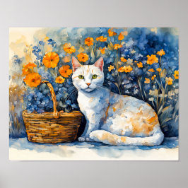 Waterverf witte kat in bloemenmand poster