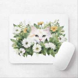 Waterverf witte kat in madeliefjes muismat